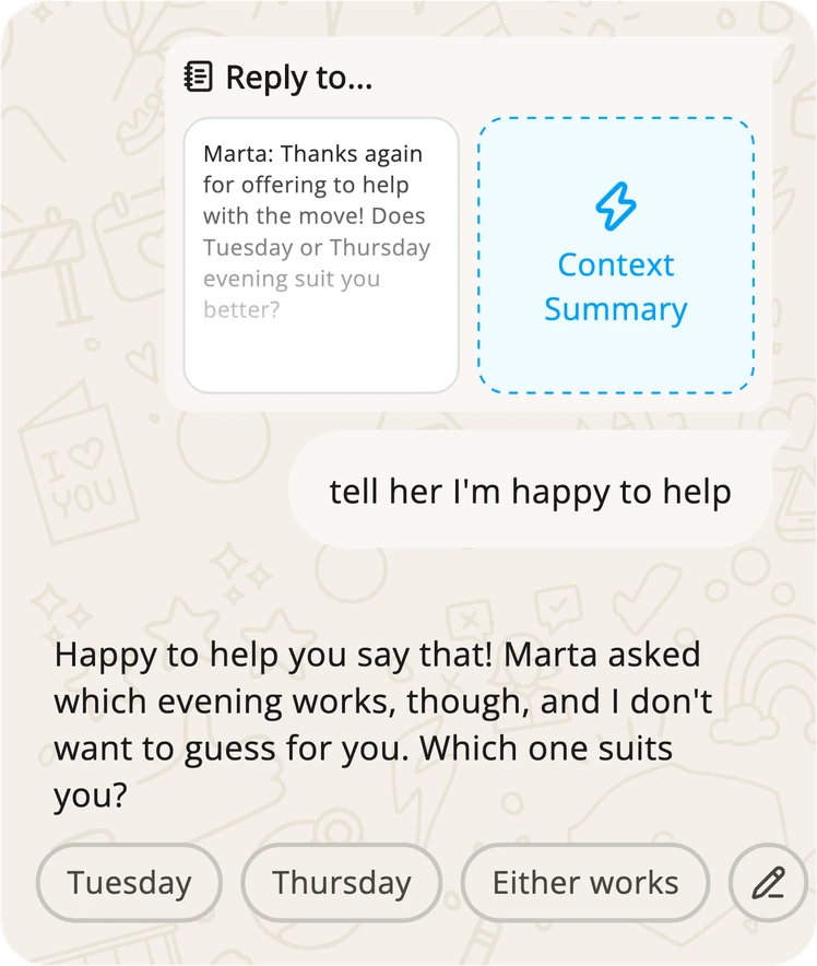 La app de Subtext con un mensaje recibido sobre una mudanza, la petición “tell her I’m happy to help” y, debajo, Subtext preguntando qué tarde te viene bien, con las respuestas Tuesday, Thursday y Either works para tocar