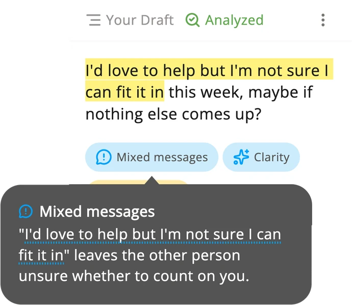 The Subtext app showing a hedged refusal that starts “I’d love to help but I’m not sure I can fit it in”, with those words marked and the reason for the tag Mixed messages open