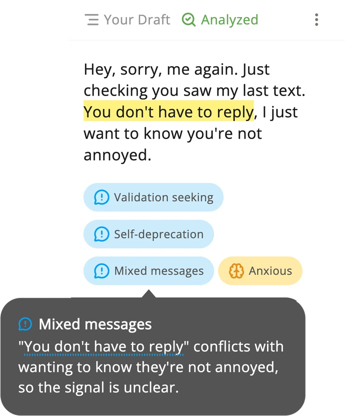 The Subtext app showing the draft that starts “Hey, sorry, me again” with the words “You don’t have to reply” marked and the reason for the tag Mixed messages open