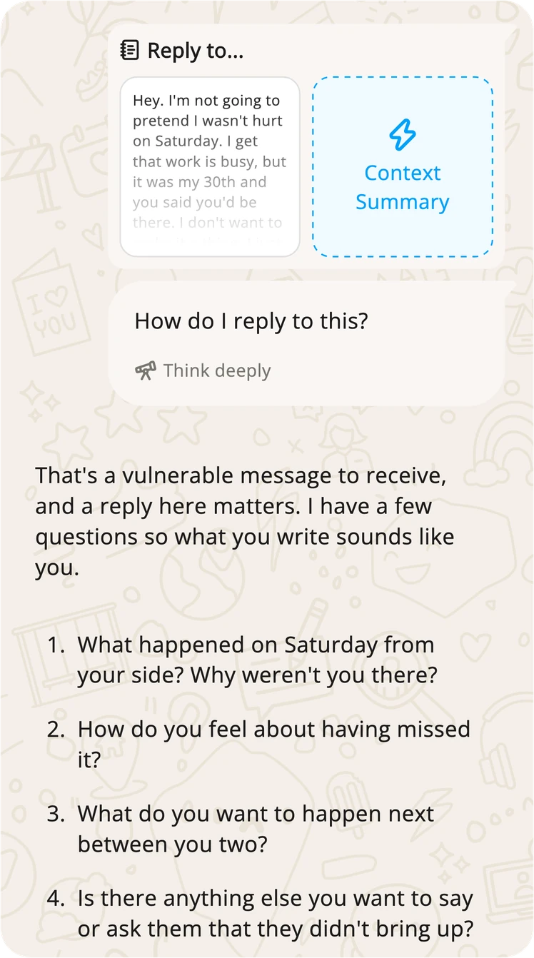 The Subtext app with a received message in a card headed Reply to…, the request “How do I reply to this?” with Think deeply switched on, Subtext’s line “I have a few questions so what you write sounds like you.” and four numbered questions