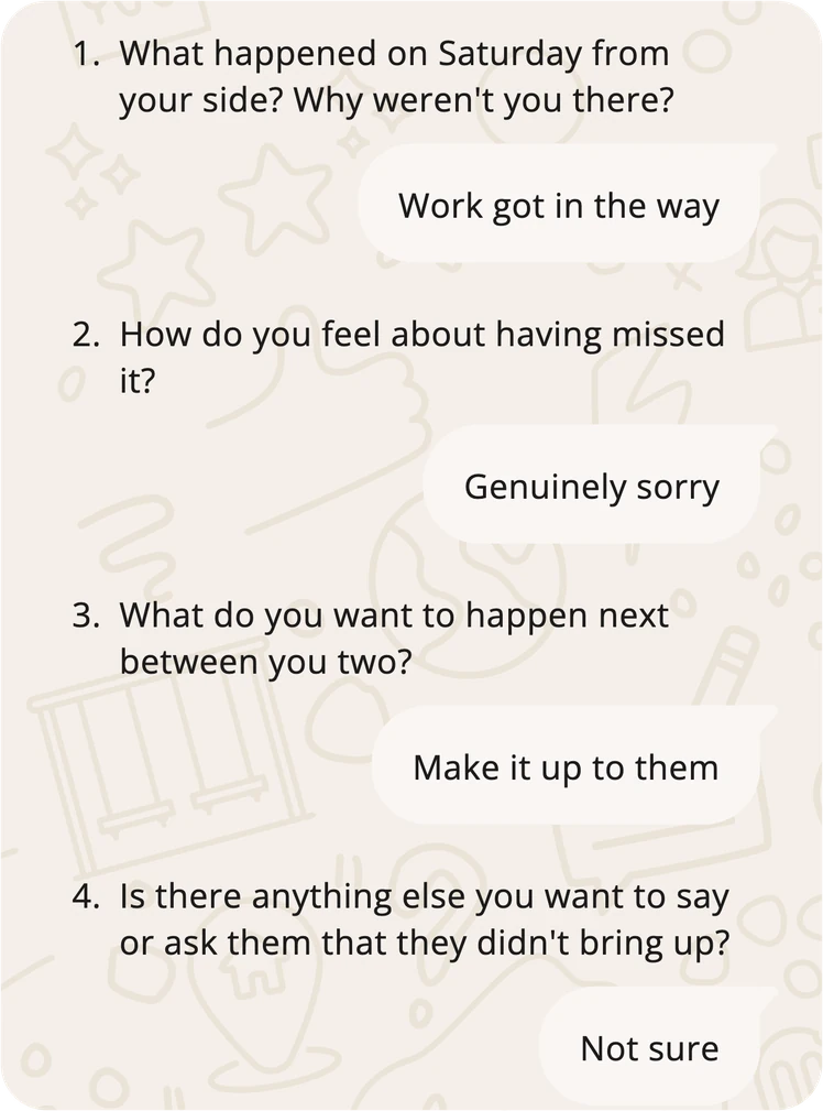 The four questions with the answers given: Work got in the way, Genuinely sorry, Make it up to them and Not sure